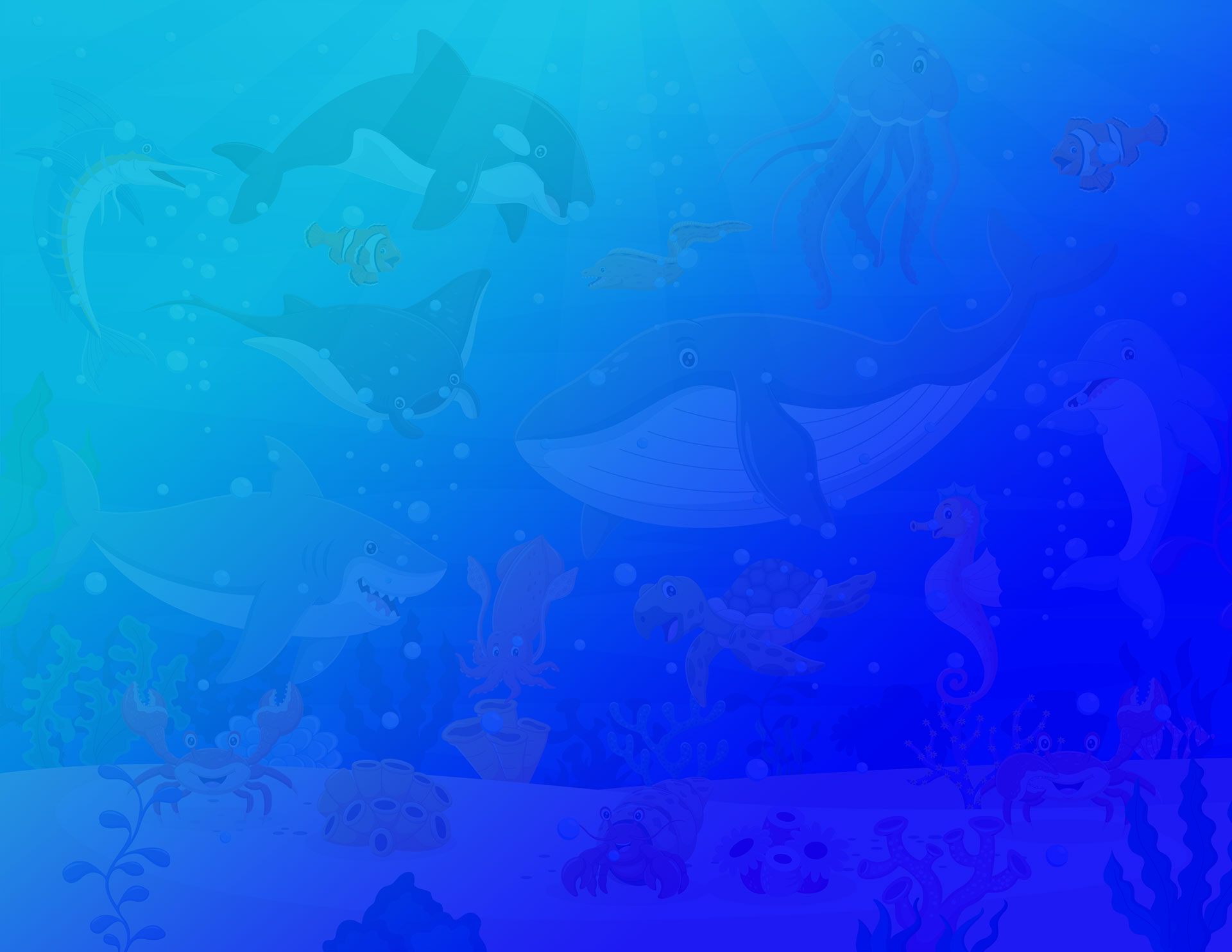 The image shows a vibrant underwater scene with various marine creatures such as sharks, dolphins, whales, and fish swimming amidst coral reefs against a blue background.
