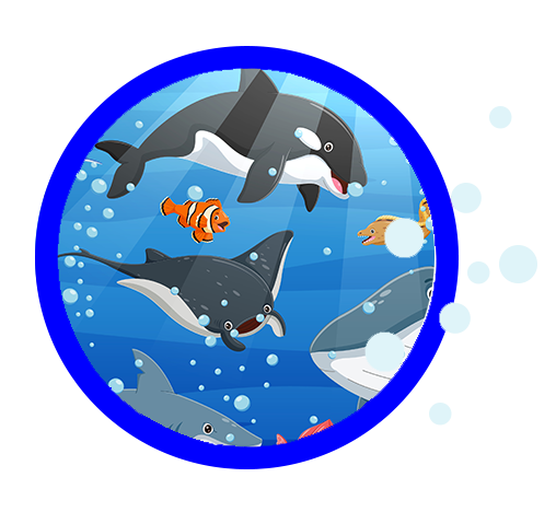 The image features a colorful underwater scene with various marine animals such as dolphins, whales, sharks, and fish swimming around bubbles, set against a blue background that resembles water.